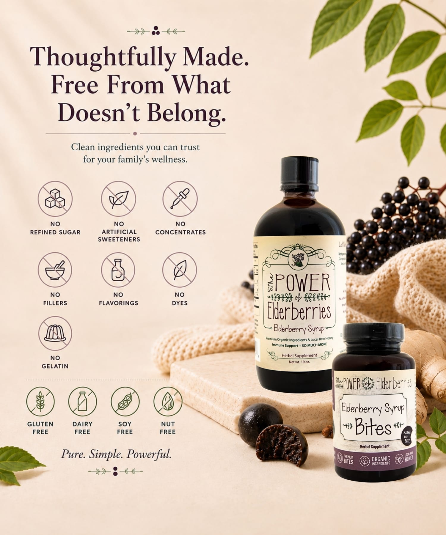 Daily essentials bundle includes handcrafted elderberry syrup and elderberry syrup bites that are free from refined sugars, artificial sweeteners, concentrates, fillers, flavoring, dyes and gelatin.