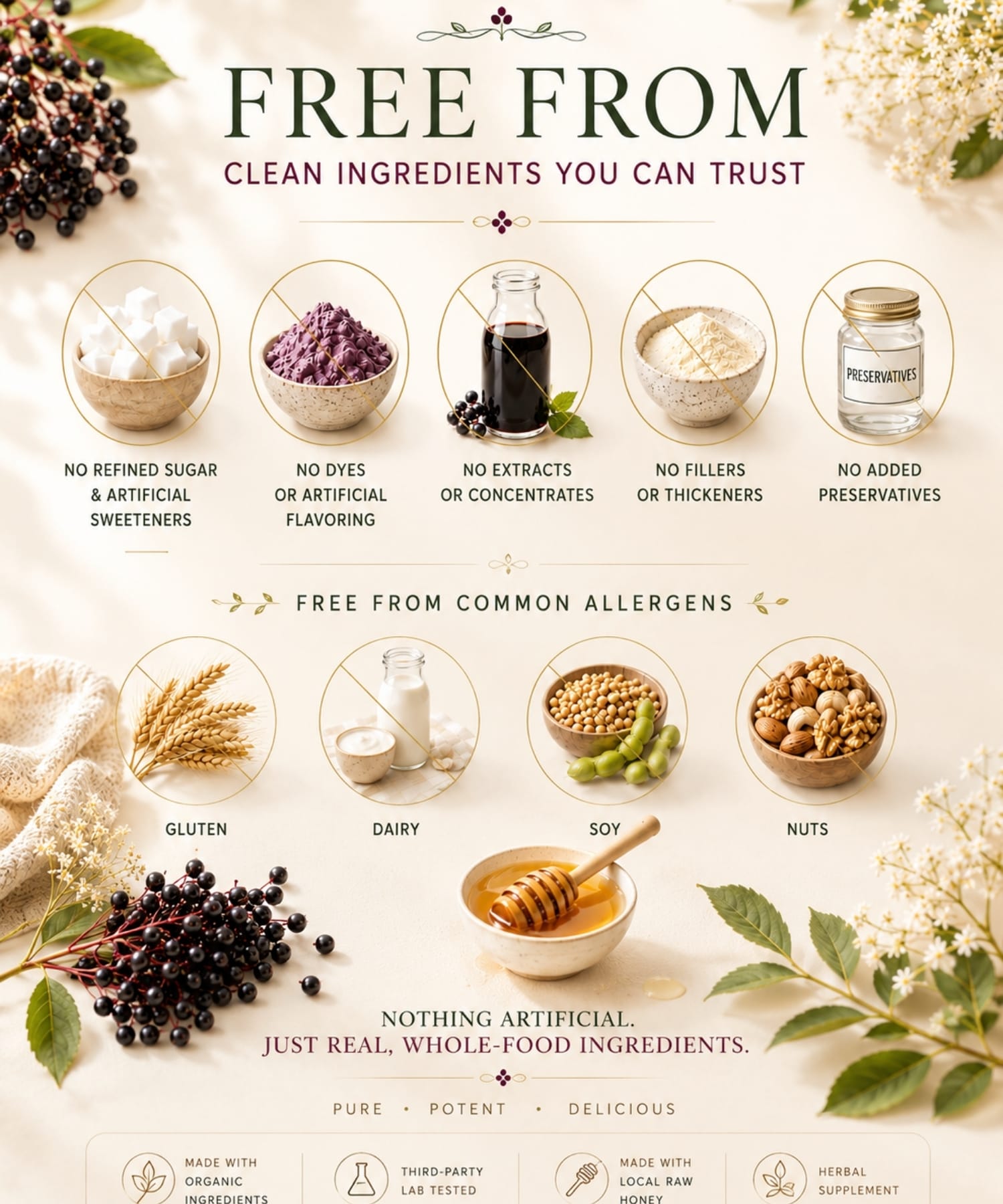 Clean ingredients graphic showing elderberry syrup free from refined sugar, artificial ingredients, concentrates, fillers, preservatives, gluten, daily, soy, and nuts.