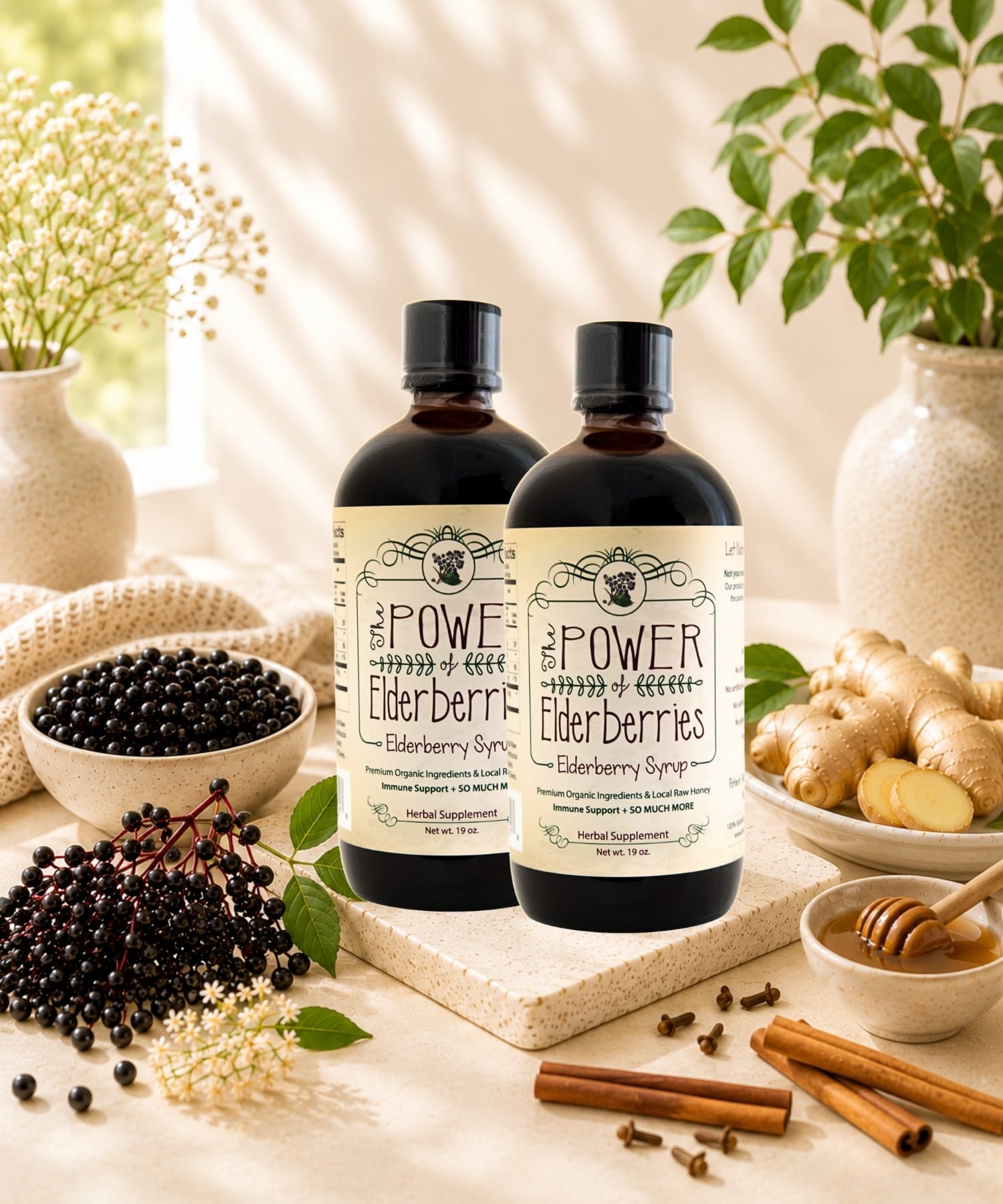 The POWER of Elderberries Daily Foundation Bundle featuring handcrafted elderberry syrup made with whole food ingredients and local raw honey.