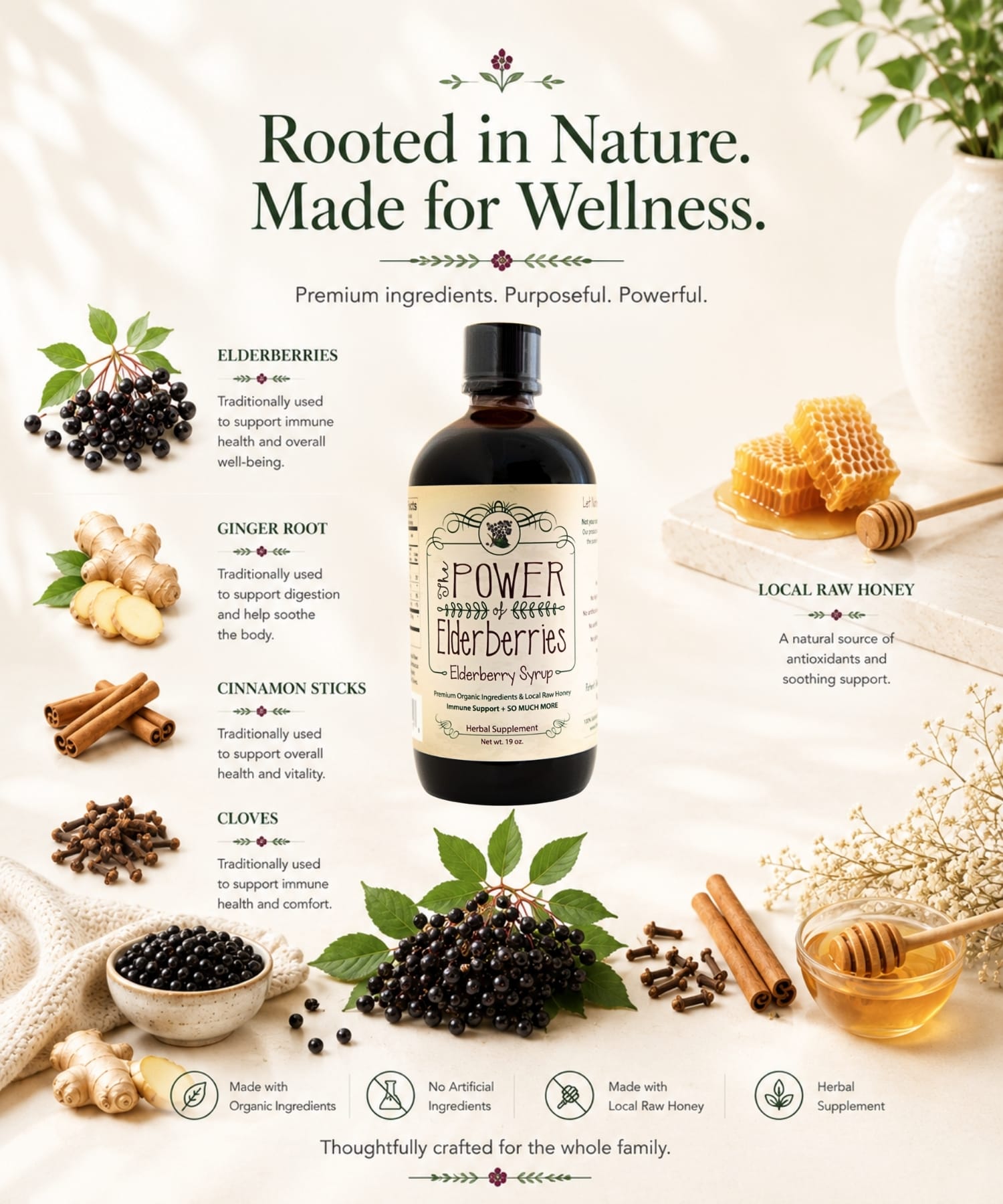 Whole food ingredients used in handcrafted elderberry syrup including elderberries, ginger root, cinnamon sticks, cloves, and local raw honey.