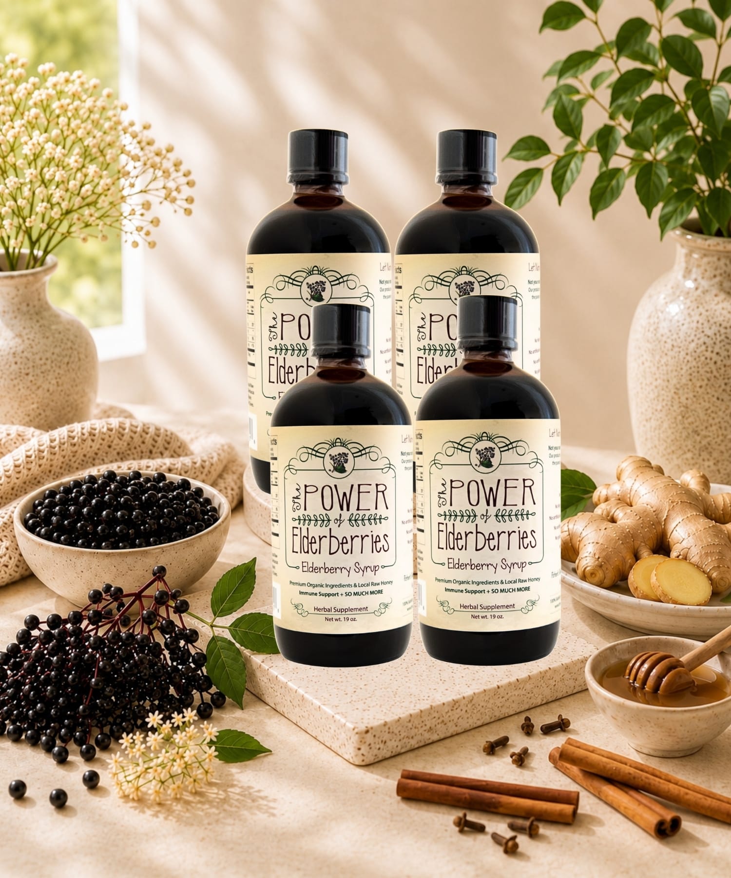 The POWER of Elderberries® Daily Foundation Plus Bundle featuring handcrafted elderberry syrup made with whole food ingredients and local raw honey.