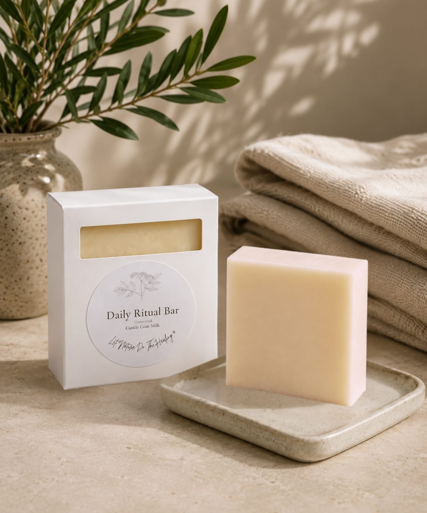 Handcrafted unscented castile goat milk soap bar with packaging box by The POWER of Elderberries®.