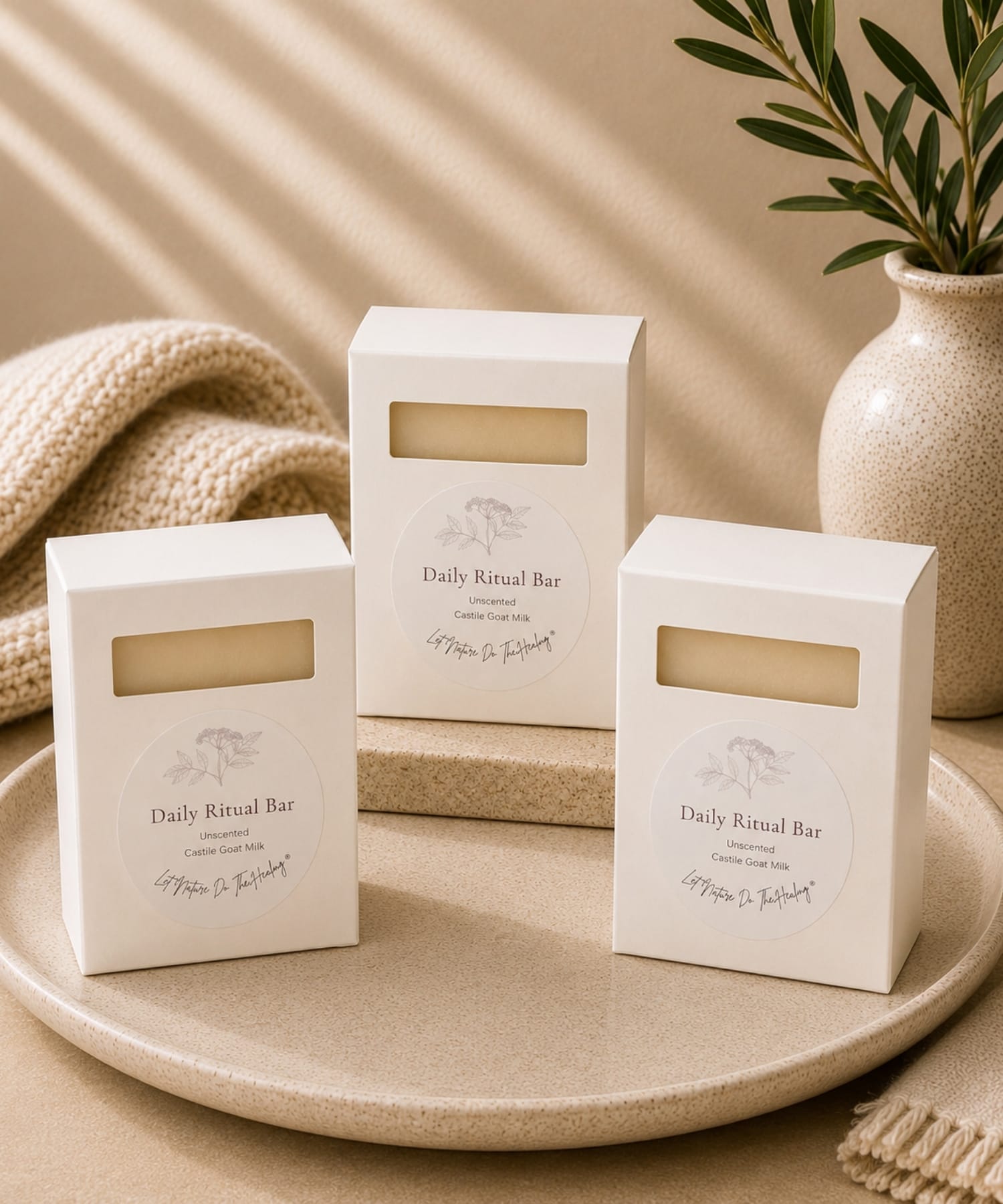 Handcrafted unscented castile goat milk soap bar trio with packaging box by The POWER of Elderberries®.