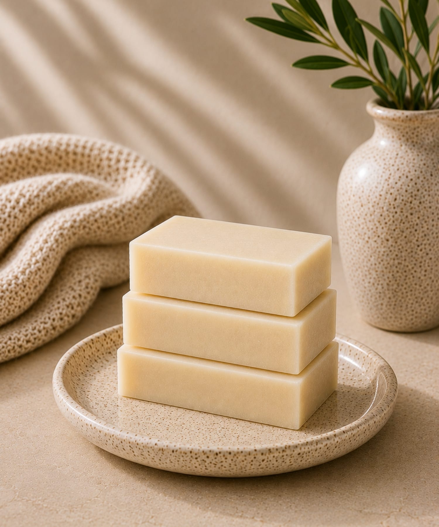 Stack of three daily ritual shea butter and coconut oil soap bars on a speckled ceramic plate with a vase and towel in the background.