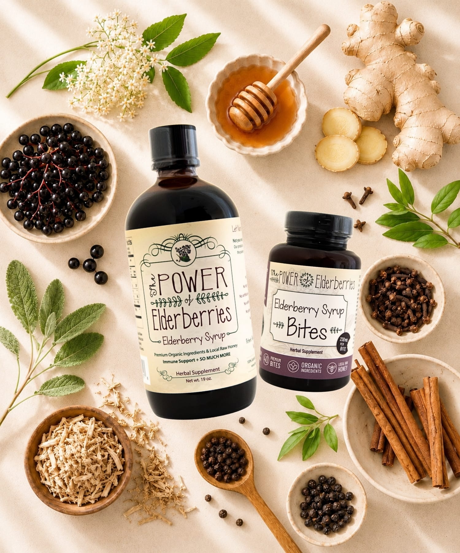 Daily Essentials Plus Bundle surrounded by organic elderberries, ginger root, cinnamon, raw honey, and whole food ingredients.