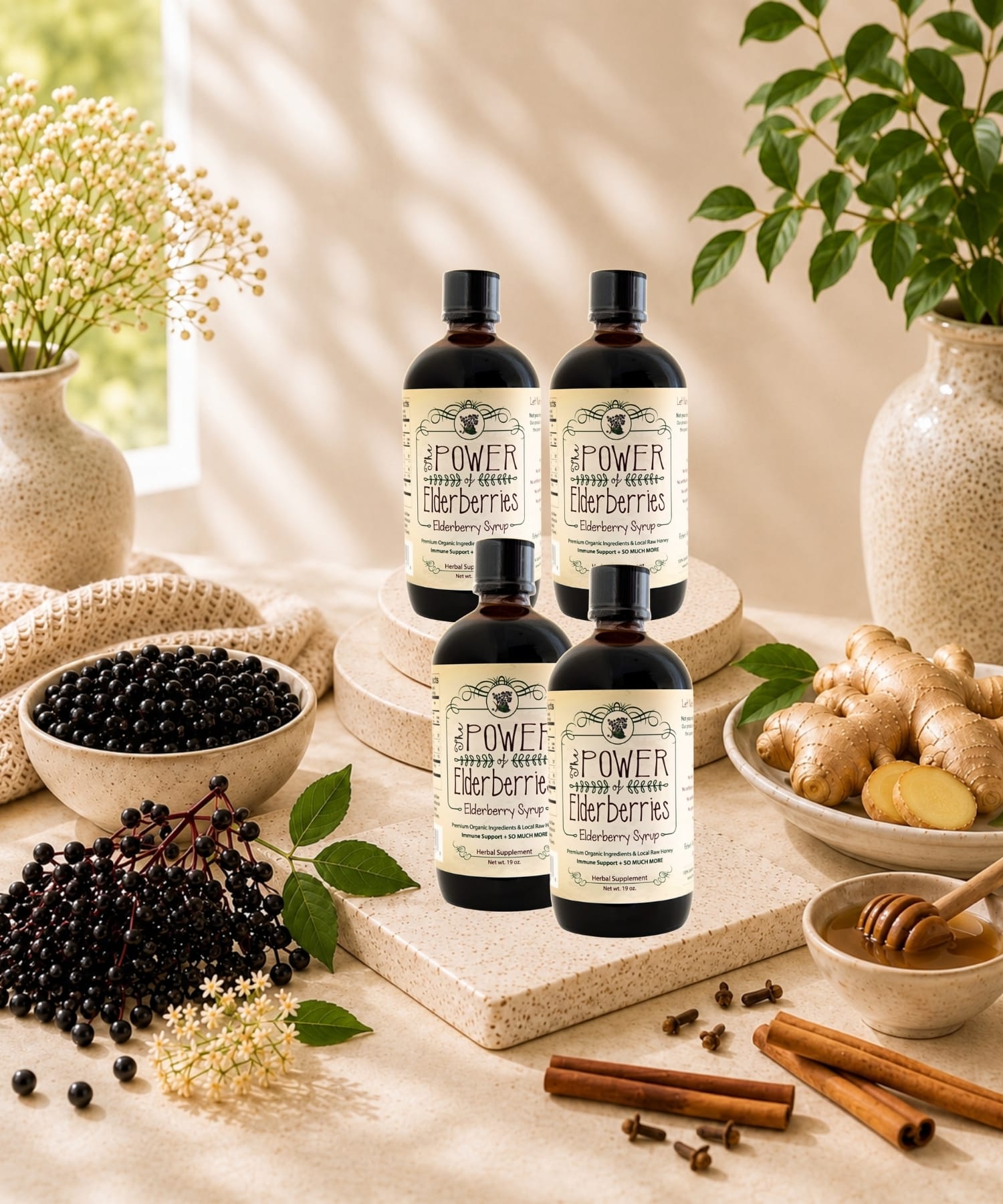 The POWER of Elderberries® Daily Foundation Plus Bundle featuring handcrafted elderberry syrup made with whole food ingredients and local raw honey.