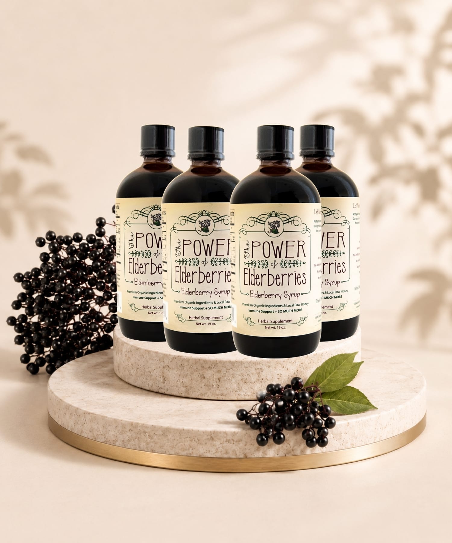 Daily Foundation Plus Bundle four bottles of premium elderberry syrup sitting on a pedestal.