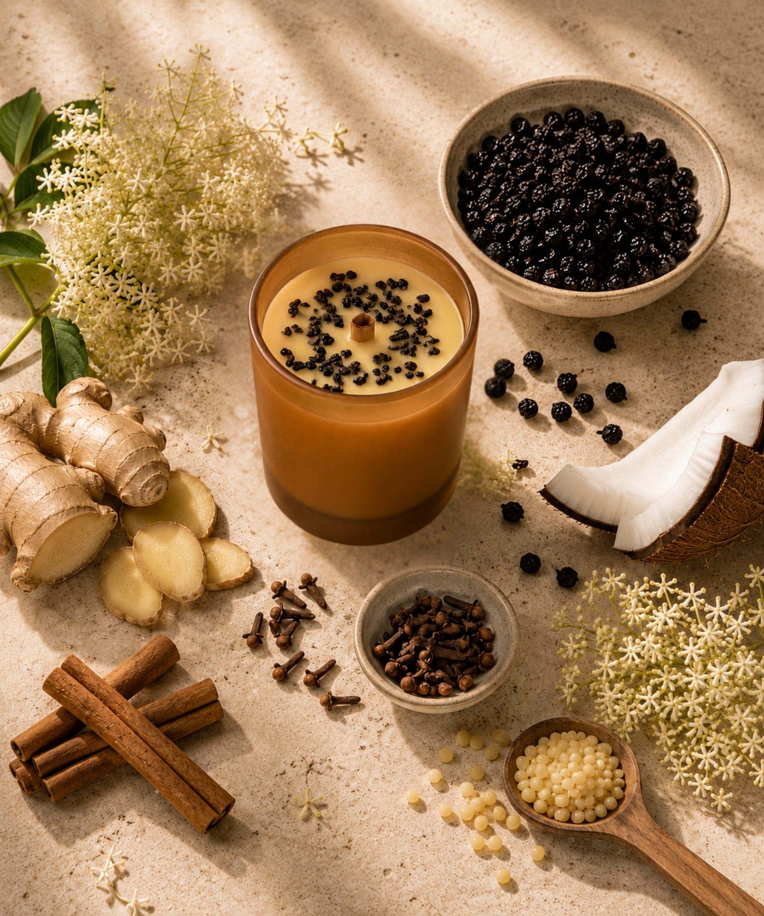 Natural ingredients used in Signature Elderberry Beeswax Candle including elderberries, ginger, cinnamon, clove, beeswax, and coconut oil.