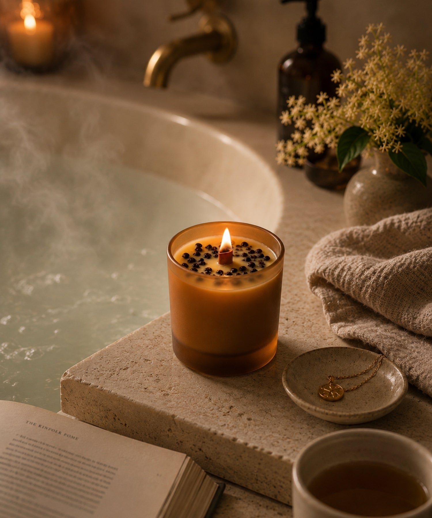Signature Elderberry Beeswax Candle creating a cozy spa-like wellness atmosphere beside a bathtub.