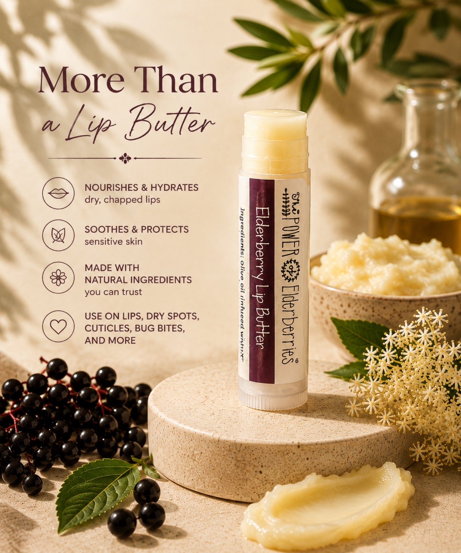 Benefits of The POWER of Elderberries® Elderberry Lip Butter including hydration, nourishment, and botanical skincare support.