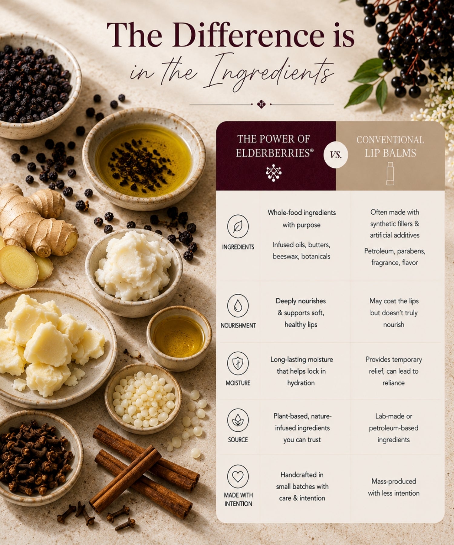 Comparison between The POWER of Elderberries® Elderberry Lip Butter and conventional lip balms using whole-food botanical ingredients.