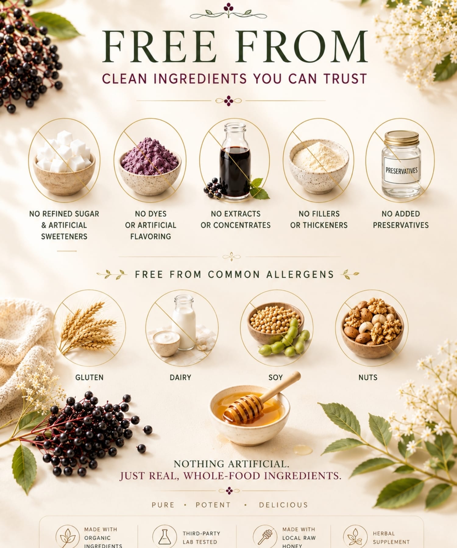 Elderberry syrup made without refined sugar, artificial sweeteners, dyes, fillers, concentrates, or preservatives.