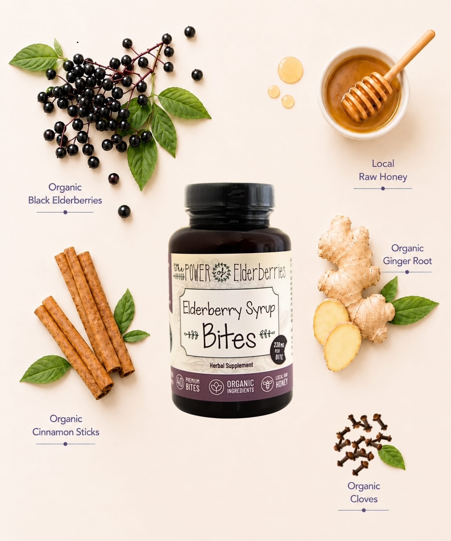 Elderberry syrup bites made with organic black elderberries, local raw honey, ginger root, cinnamon sticks and whole cloves.