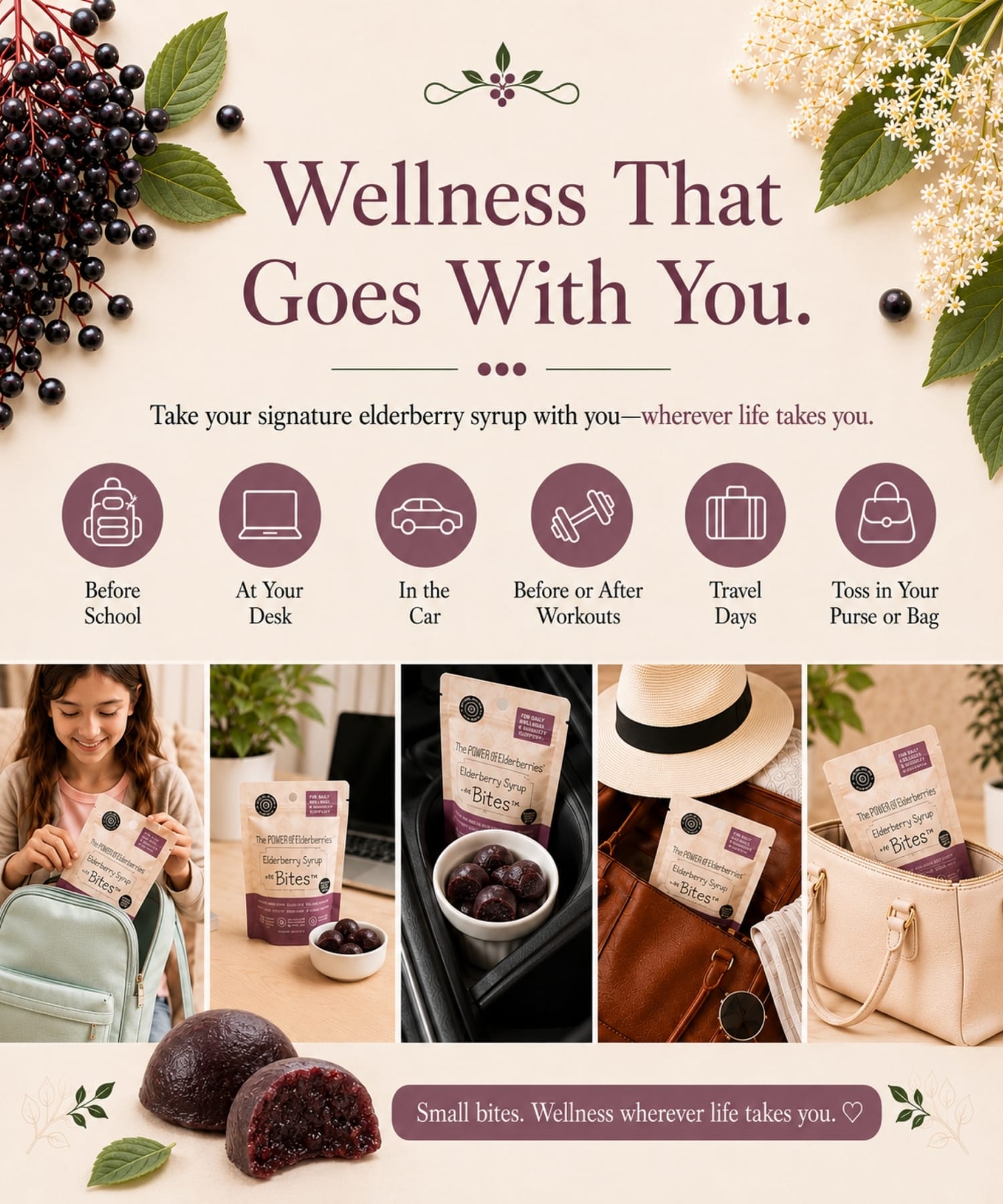 Elderberry Syrup Bites being used for on-the-go convenience for school, travel, work and more.