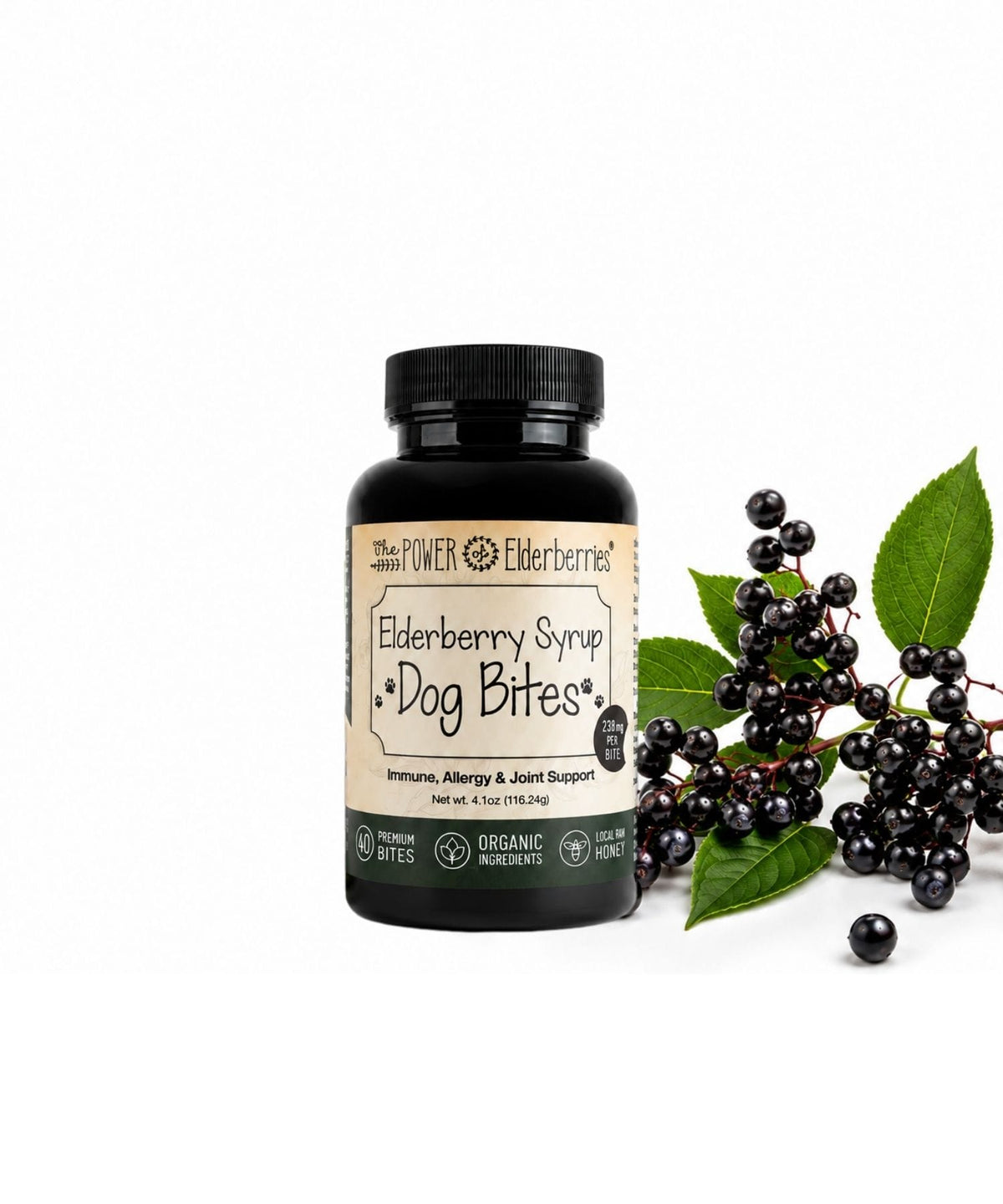 Bottle of 40c. Elderberry Syrup Dog Bites displayed with black elderberries.
