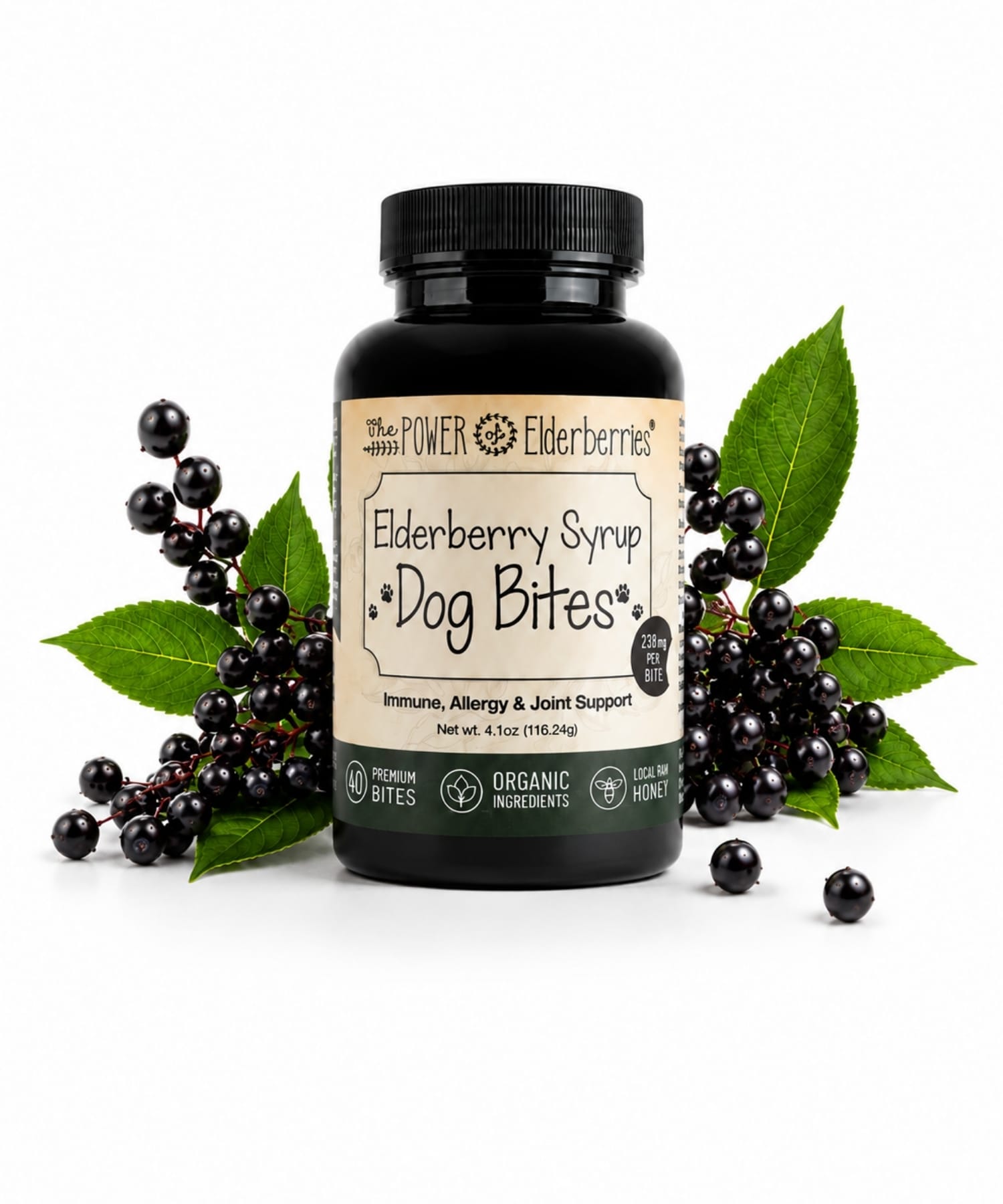 Elderberry Syrup Dog Bites™ 40-count bottle made with organic elderberries and whole-food ingredients for daily dog wellness support.