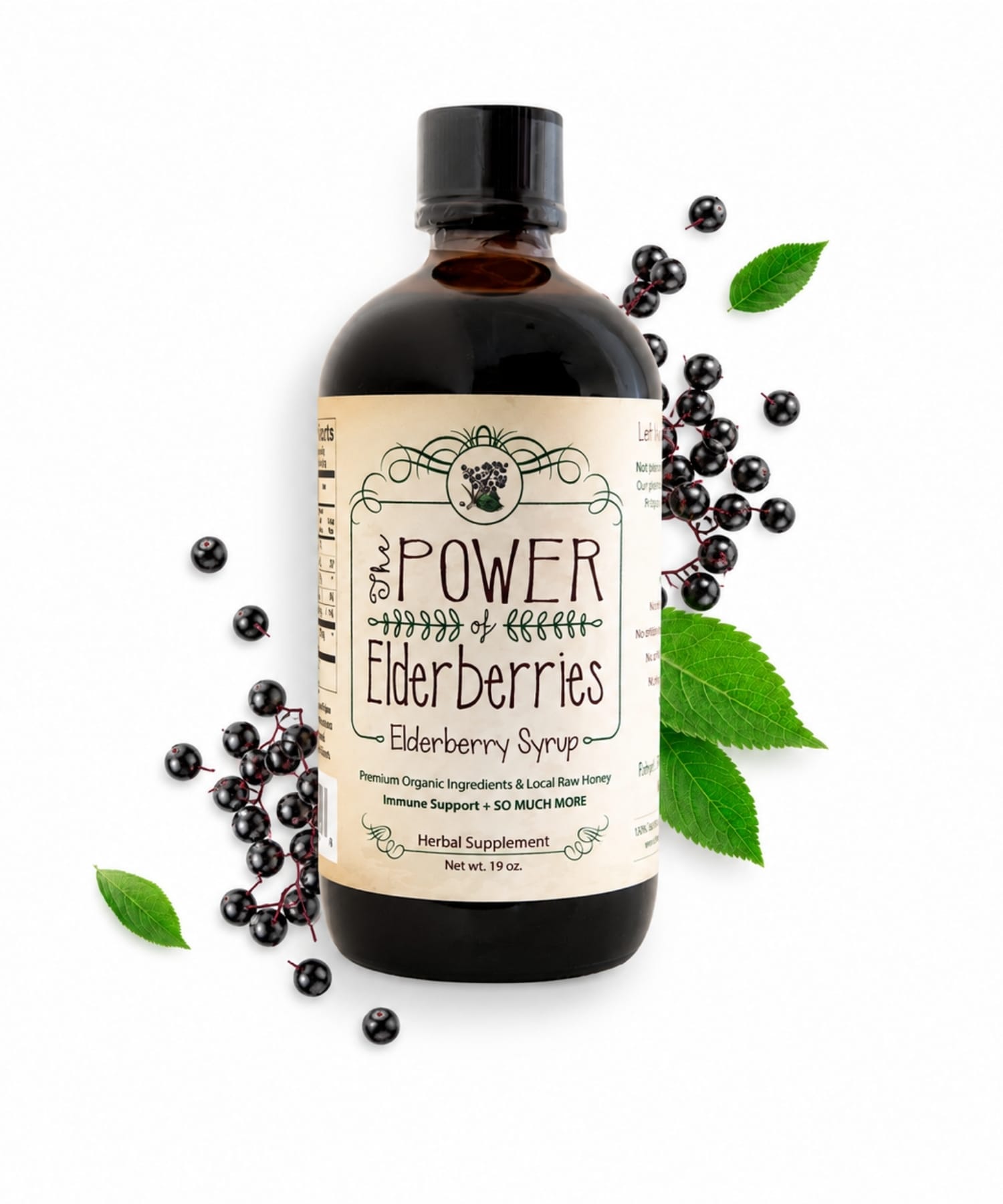 19oz elderberry syrup bottle made with organic black elderberries, local raw honey, ginger root, cinnamon sticks and whole cloves