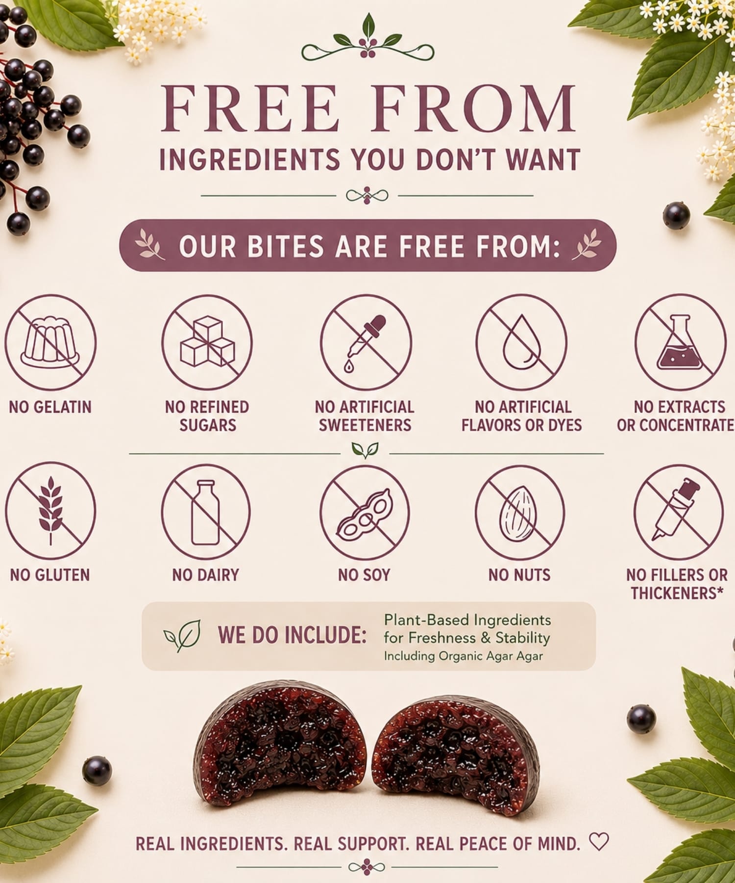 Elderberry syrup bites free from gelatin, refined sugars, artificial sweeteners, dyes, fillers, gluten, dairy, soy and nuts.