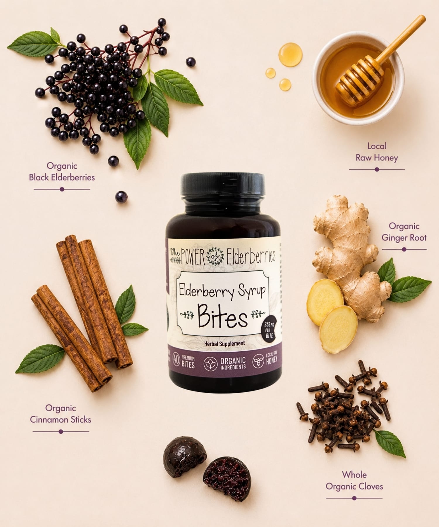 Elderberry syrup bites made with organic black elderberries, local raw honey, ginger root, cinnamon sticks and whole cloves.