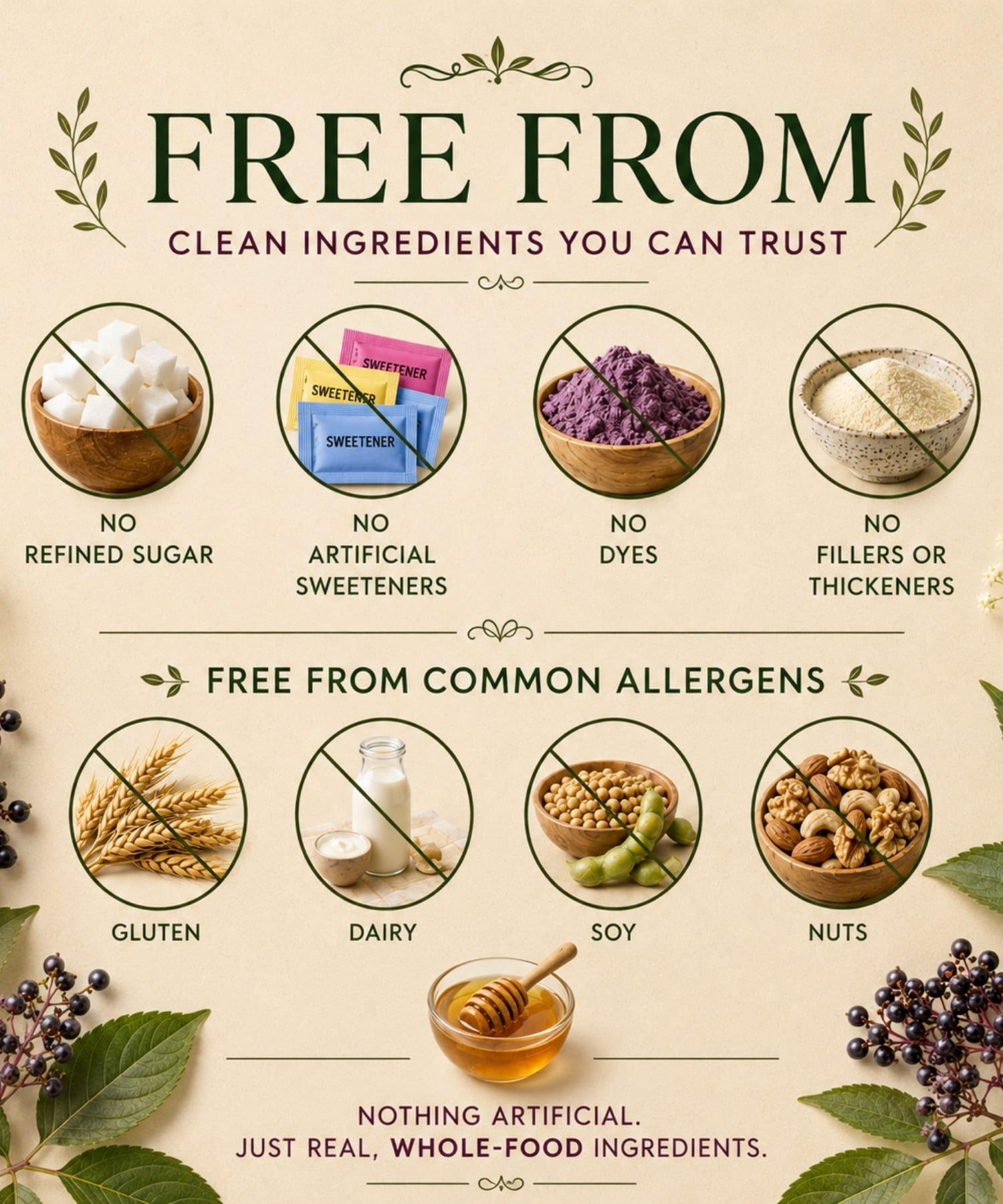 Elderberry syrup made without refined sugar, artificial sweeteners, dyes, fillers, concentrates, or preservatives