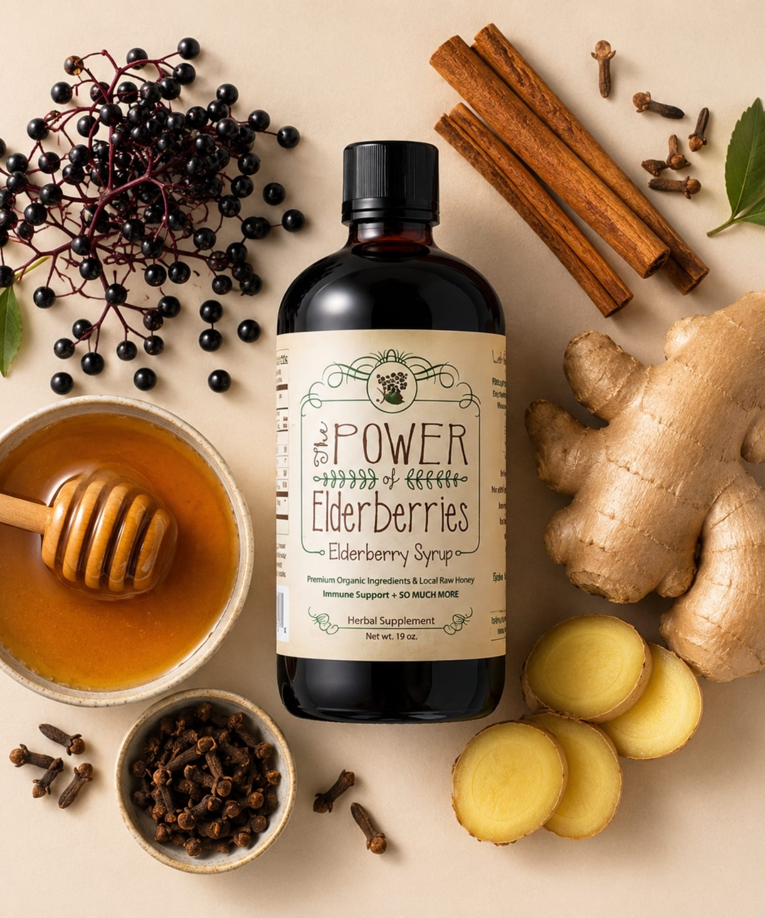 Organic black elderberries, ginger root, cinnamon sticks, cloves, and local raw honey used in elderberry syrup