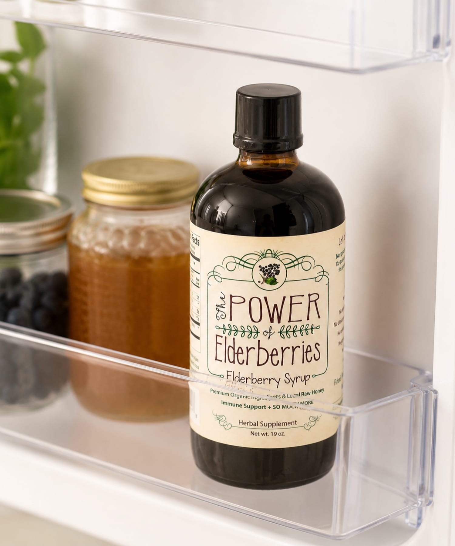 Fresh elderberry syrup stored refrigerated 