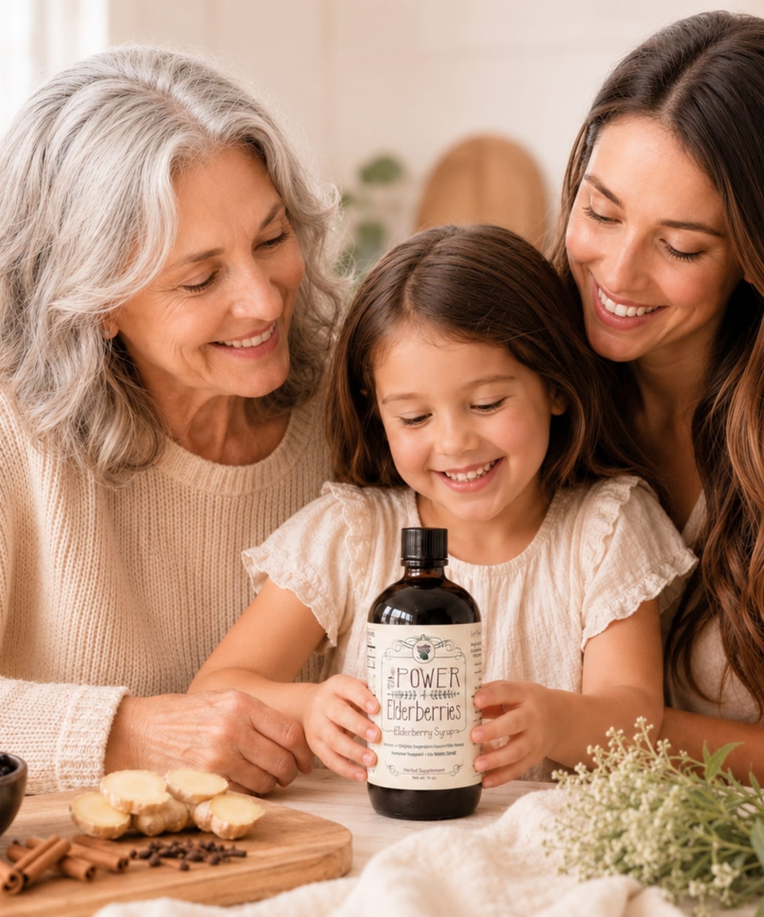 Family enjoying elderberry syrup as part of a daily wellness routine.