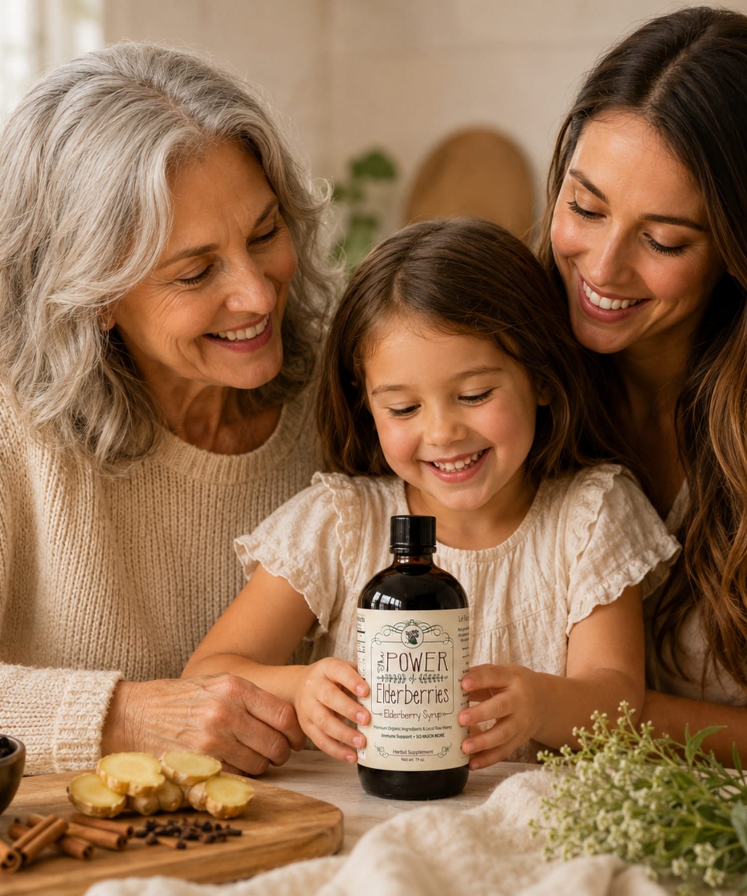 Family enjoying elderberry syrup as part of a daily wellness routine