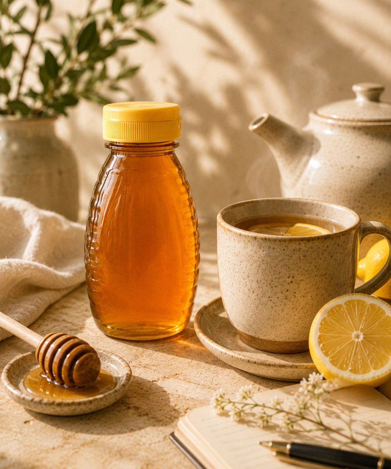 Local raw honey beside warm tea and lemon in a cozy wellness setting.