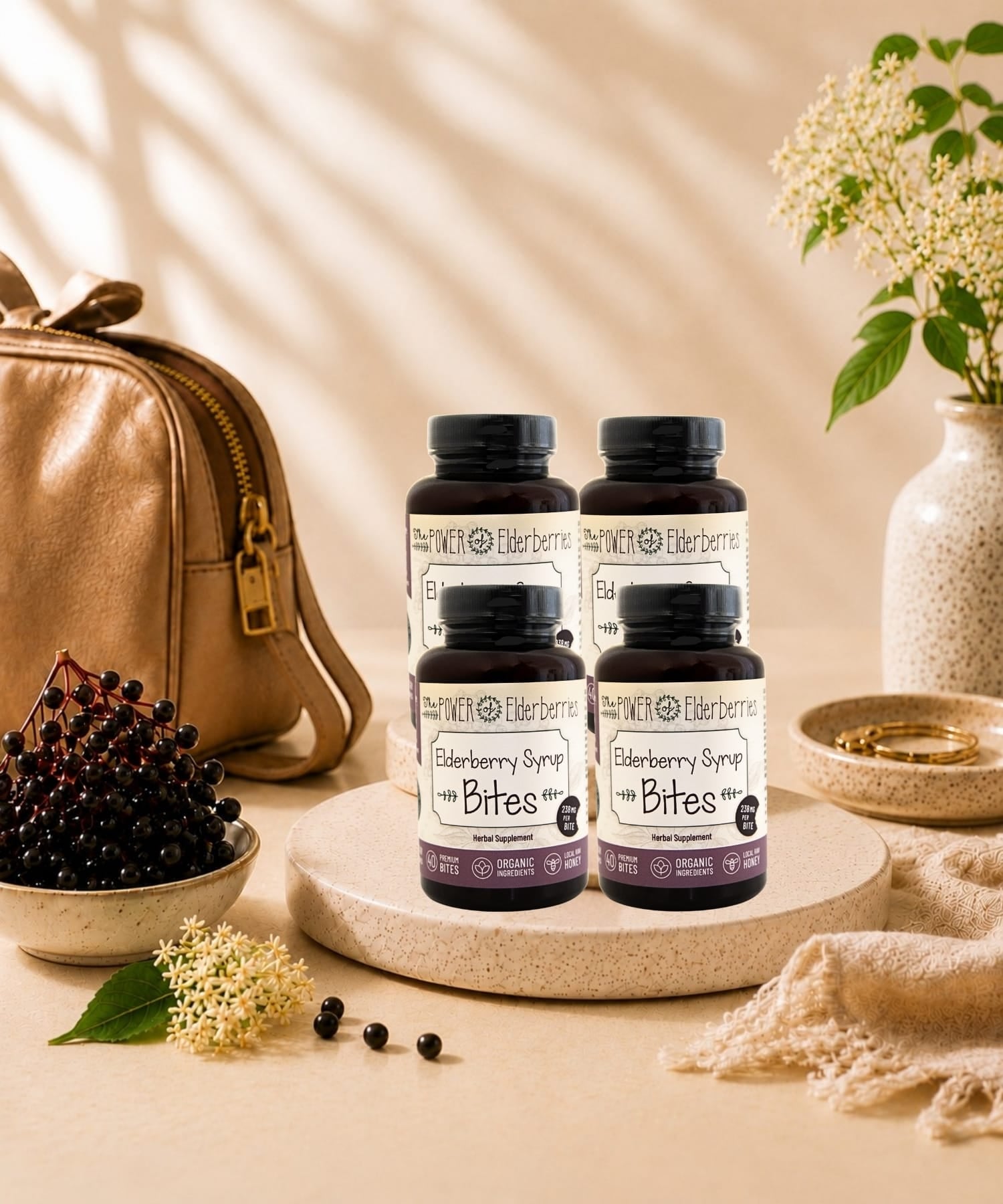 The POWER of Elderberries On-the-Go Support Plus+ Bundle includes four bottles of our 40ct elderberry syrup bites.