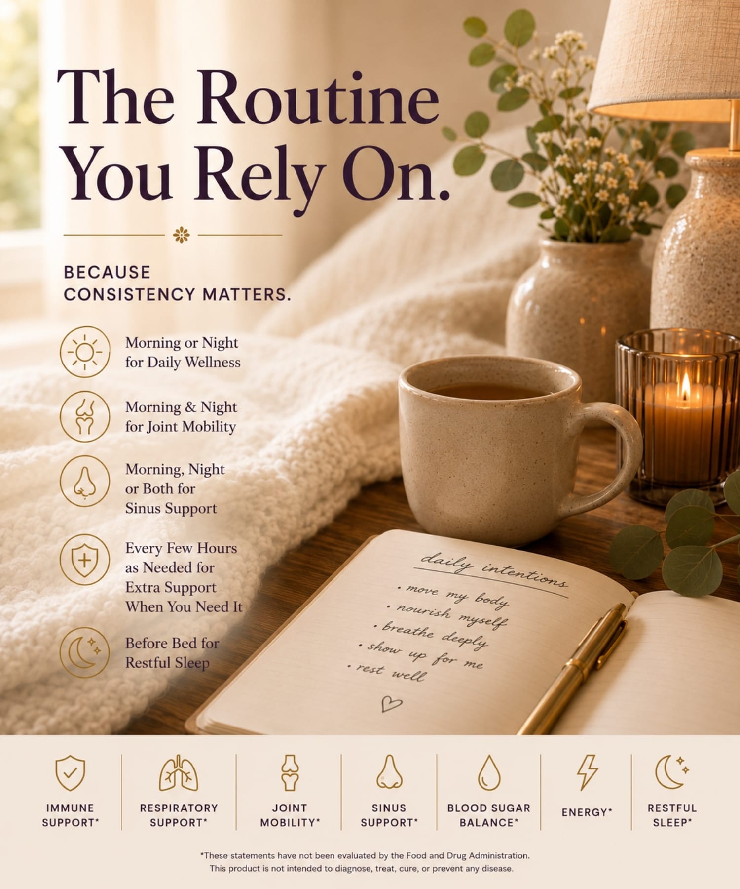 Cozy wellness lifestyle graphic showing daily elderberry support routines for immune wellness, respiratory support, joint mobility, sinus support, energy and restful sleep.
