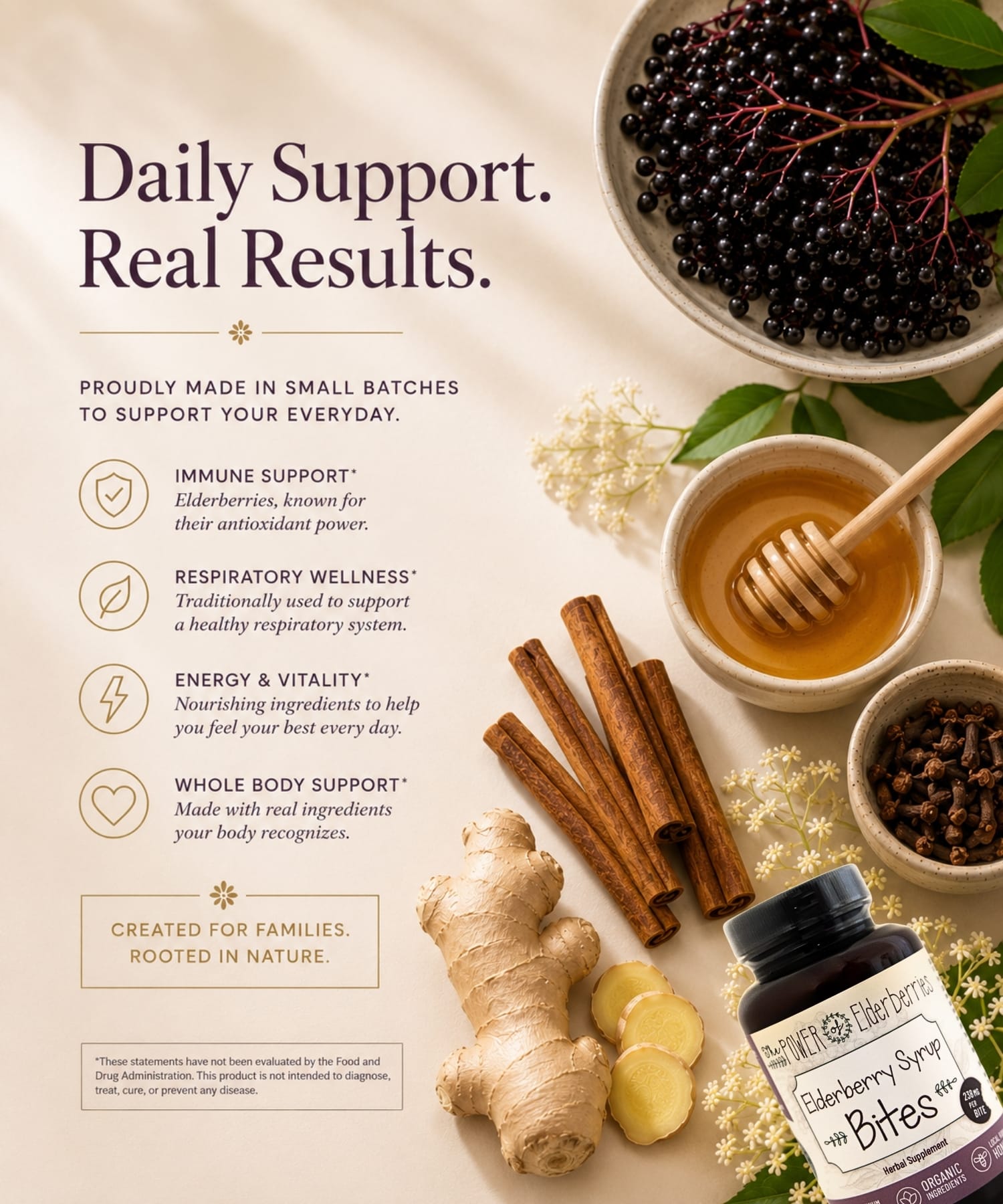 Small-batch elderberry wellness graphic featuring elderberries, honey, ginger root, cinnamon, and cloves with whole body support messaging.