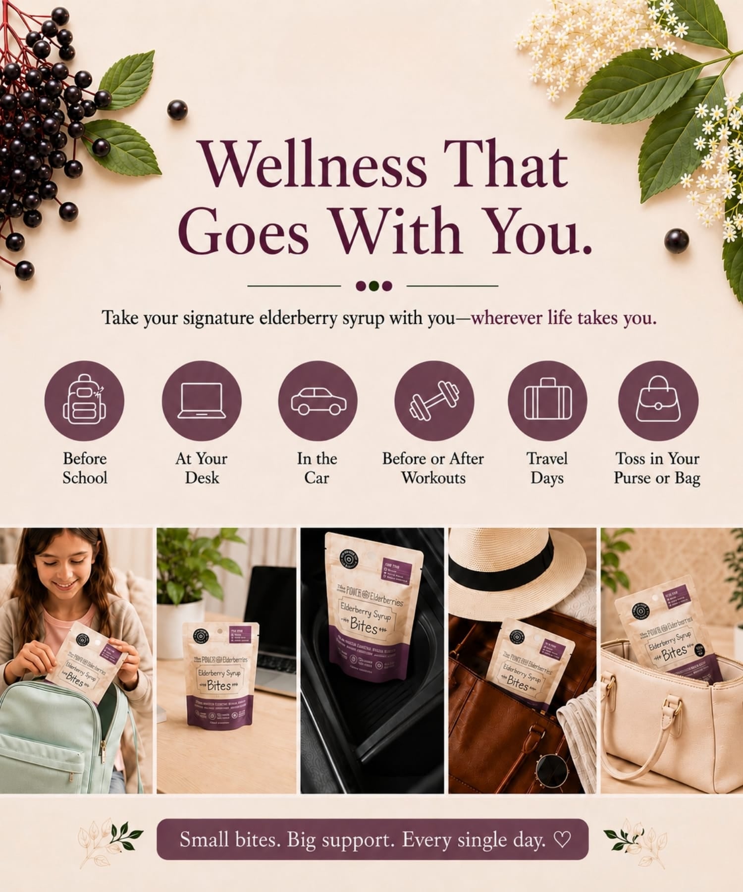 Elderberry Syrup Bites being used for on-the-go convenience for school, travel, work and more.