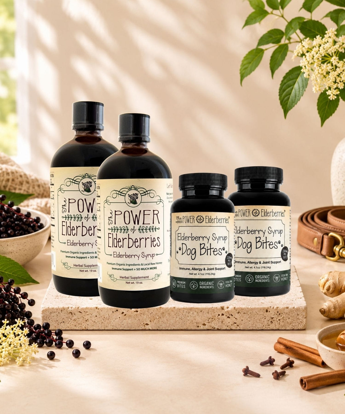 Whole-Family Daily Wellness Plus+ Bundle with two elderberry syrups and two Dog Bites bottles